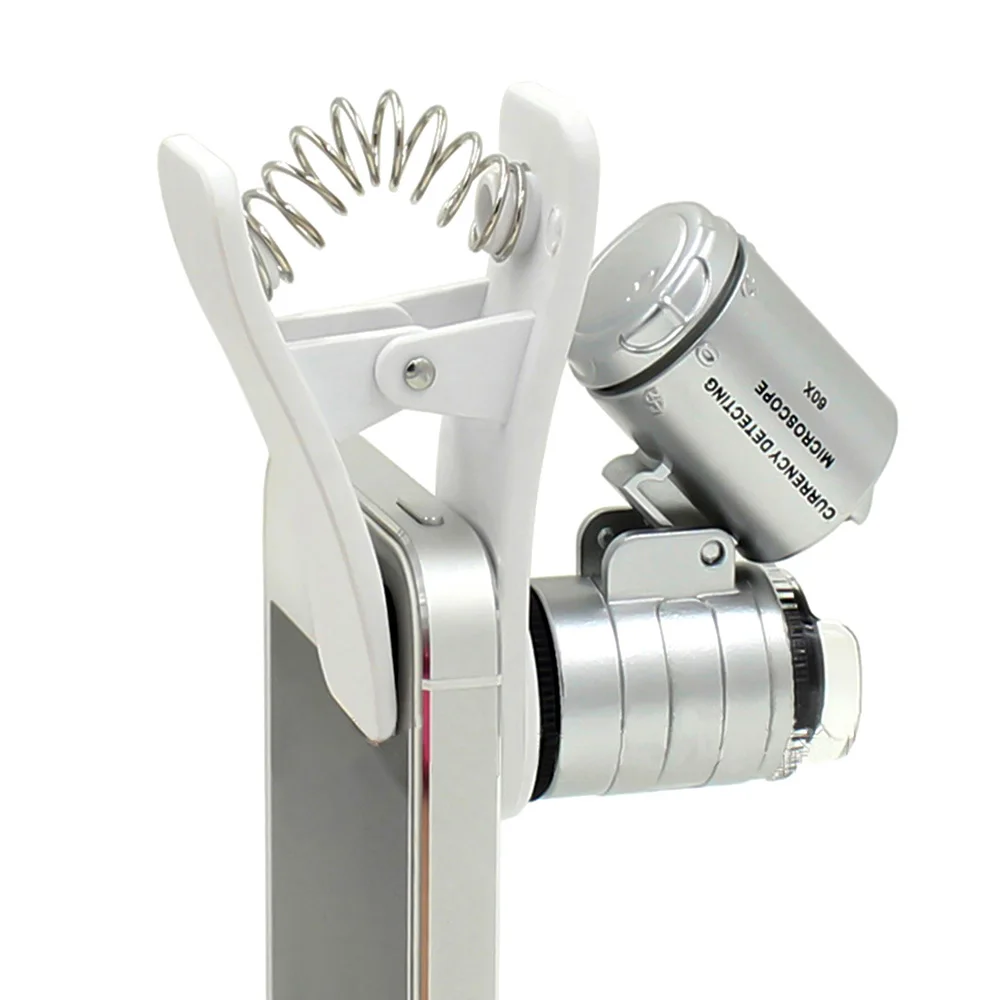 60x клипса на Лупе для телефона камера Универсальный смартфон мини микроскоп Лупа увеличительное стекло со светодиодными лампами батареи