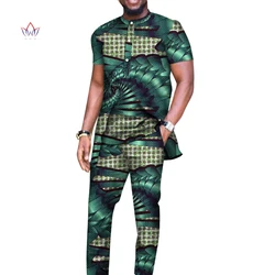 Bazin Riche Men 2 Pieces Pants Sets African Design Clothing African Clothes Casual Men Long Top Shirts and Pants Sets WYN514