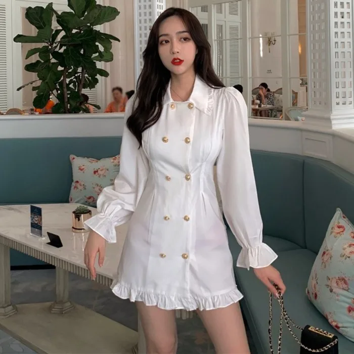 

Spring Autumn Vintage Double Breasted Mini Dress Women Elegant Slim Sheath High Waisted Dresses Sexy Long Sleeve Club Dress M797