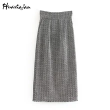Huaxiafan юбки в клетку, женские осенние длинные юбки, элегантные офисные женские юбки на молнии, Женская клетчатая юбка, Moda de Mujer, Новинка