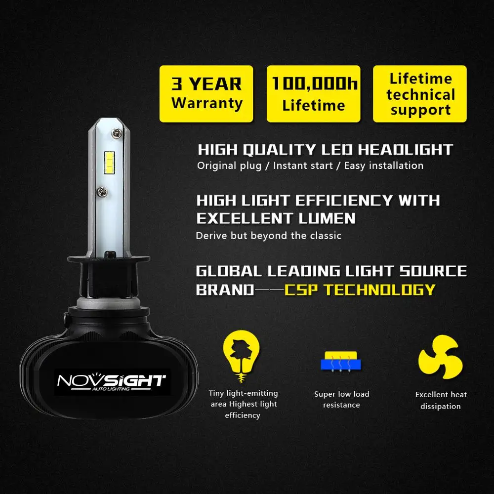 NOVSIGHT Высокая мощность 50 Вт 12 В H1 H4 H7 H11 Светодиодный ные лампы фар 9005 9006 8000Lm 6500K