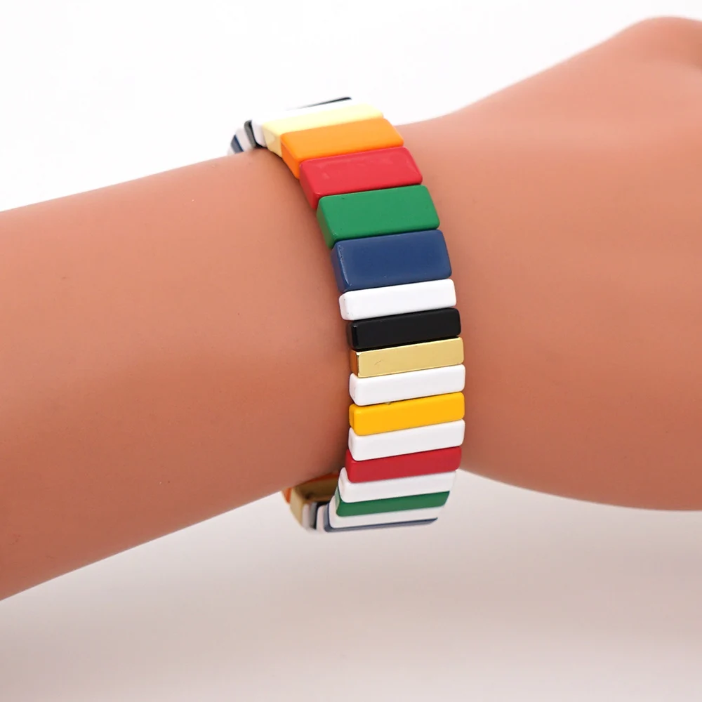 Shinus Радужный Браслет для женщин, эмалированные плитки, браслеты, Pulsera Mujer, красочные, Boho, летние пляжные ювелирные изделия, выгравированный подарок