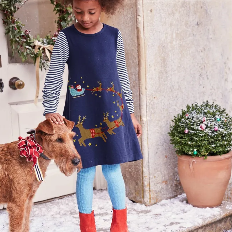 Рождественское платье с рисунком для девочек Осенняя повседневная одежда с длинными рукавами Хлопковое платье с аппликацией Санта-Клауса, снеговика, оленя для малышей от 2 до 7 лет