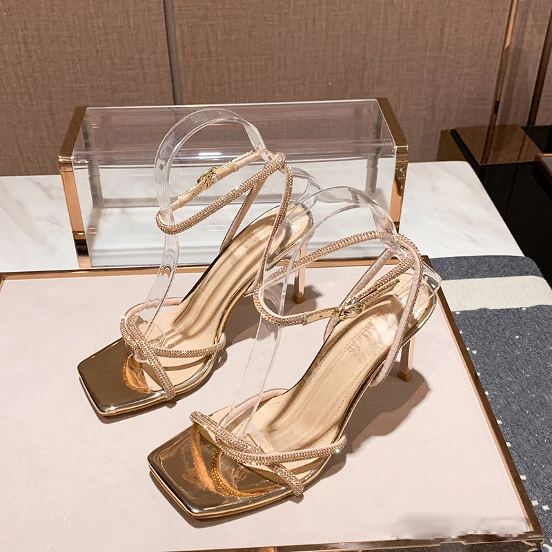 2021 Fashion Rhinestones Gladiator Silver High Heels Ankle Strap Strappy Sandals Women Sexy Stiletto Party Bridal Shoes
