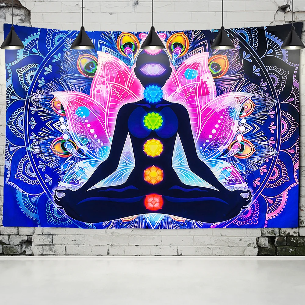 Wall Hanging Indian Buddha, Meditation 7 Chakras Tapestry Wall Hanging, Mandala Psychedelic Yoga Tapestry, Bohemian Hippie Backg 3