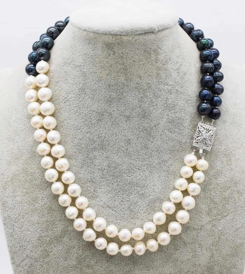 2rows white black freshwater pearl round 9-10mm necklace 17-18inch wholesale beads nature  gift discount
