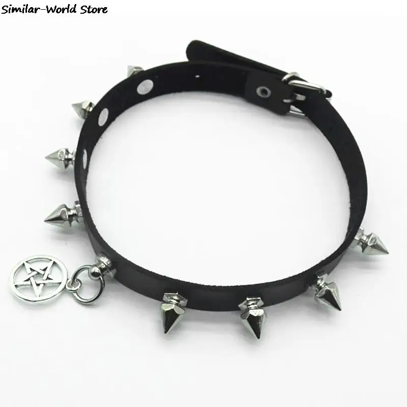 Gothic Leather Pentagram Choker Pagan Wicca Spiked Choker 