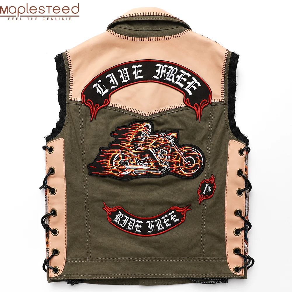 

Customized Asian Size M-9XL Club Motorcycle Vest 100% Natural Cowhide Leather Spliced Canvas Biker Vest Club Vest Oversize M468