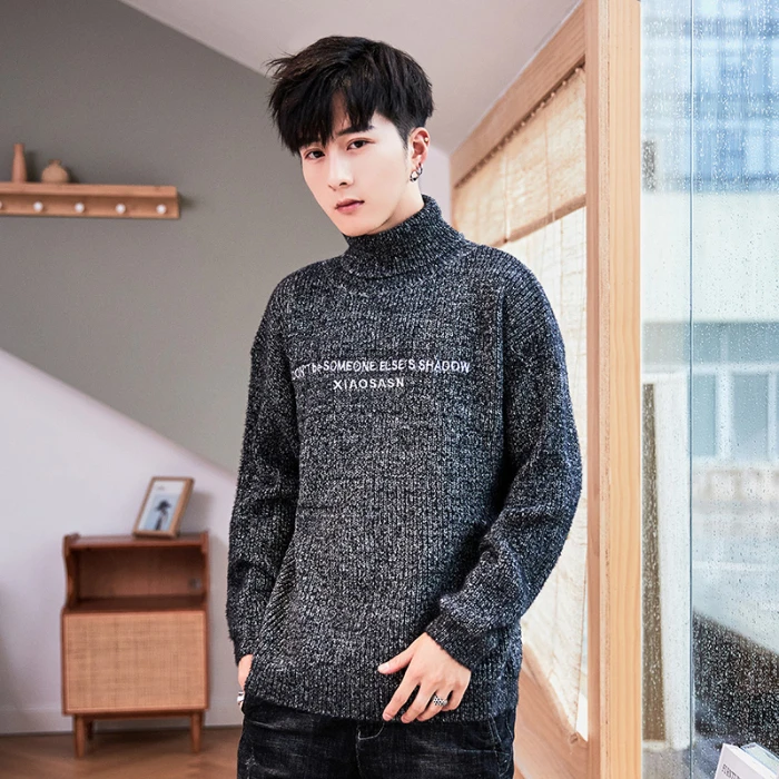 Мужской осенний Повседневный пуловер с длинными рукавами свитер Slim Fit Мужской с буквенным принтом водолазка Soild Топы Одежда Мода - Цвет: Черный