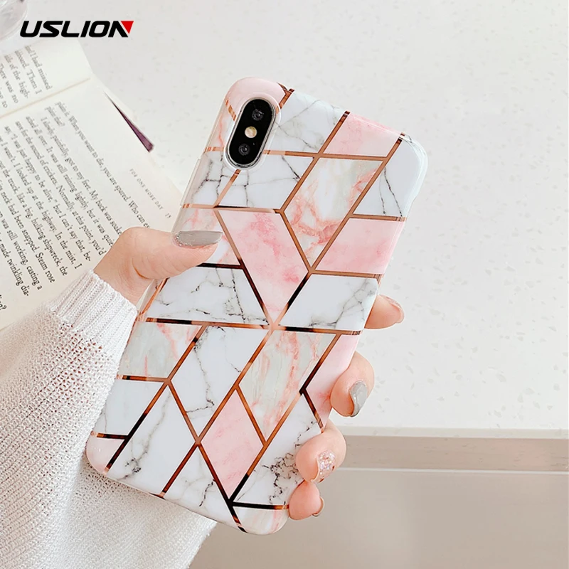 

USLION Geometric Marble Plating Phone Cases Cover For iPhone 6 6S Plus 7 8 7Plus X XR XS MAX Soft Silicon Back Cover For iPhone