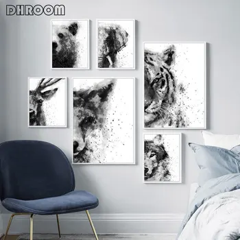 

Abstract Watercolor Animal Black and White Posters and Prints Tiger Fox Elephant Canvas Art Painting Wall Art Decorative Picture