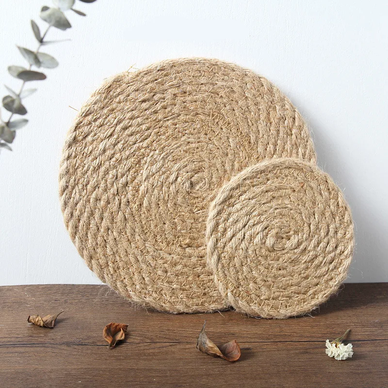 

Linen Hand-woven Dining Table Mat Heat Insulation Pot Holder Round Coasters Coffee Drink Tea Cup Table Placemats Mug Coaster