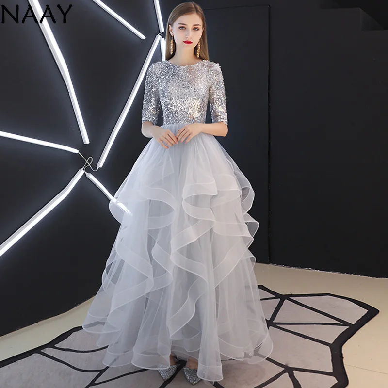 

NAAY Elegant Sequins A-Line Long Prom Dresses With Sleeves 2020 Plus Size Formal Cheap Evening Party Gown Robe De Soiree