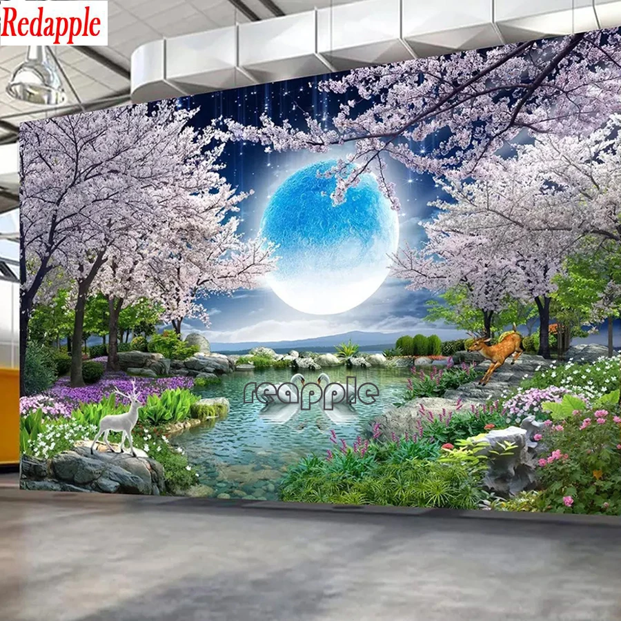 Moon Cherry Blossom Tree Nature Landscape DIY Diamond Embroidery European Full painting cross stitch large decor | Дом и сад