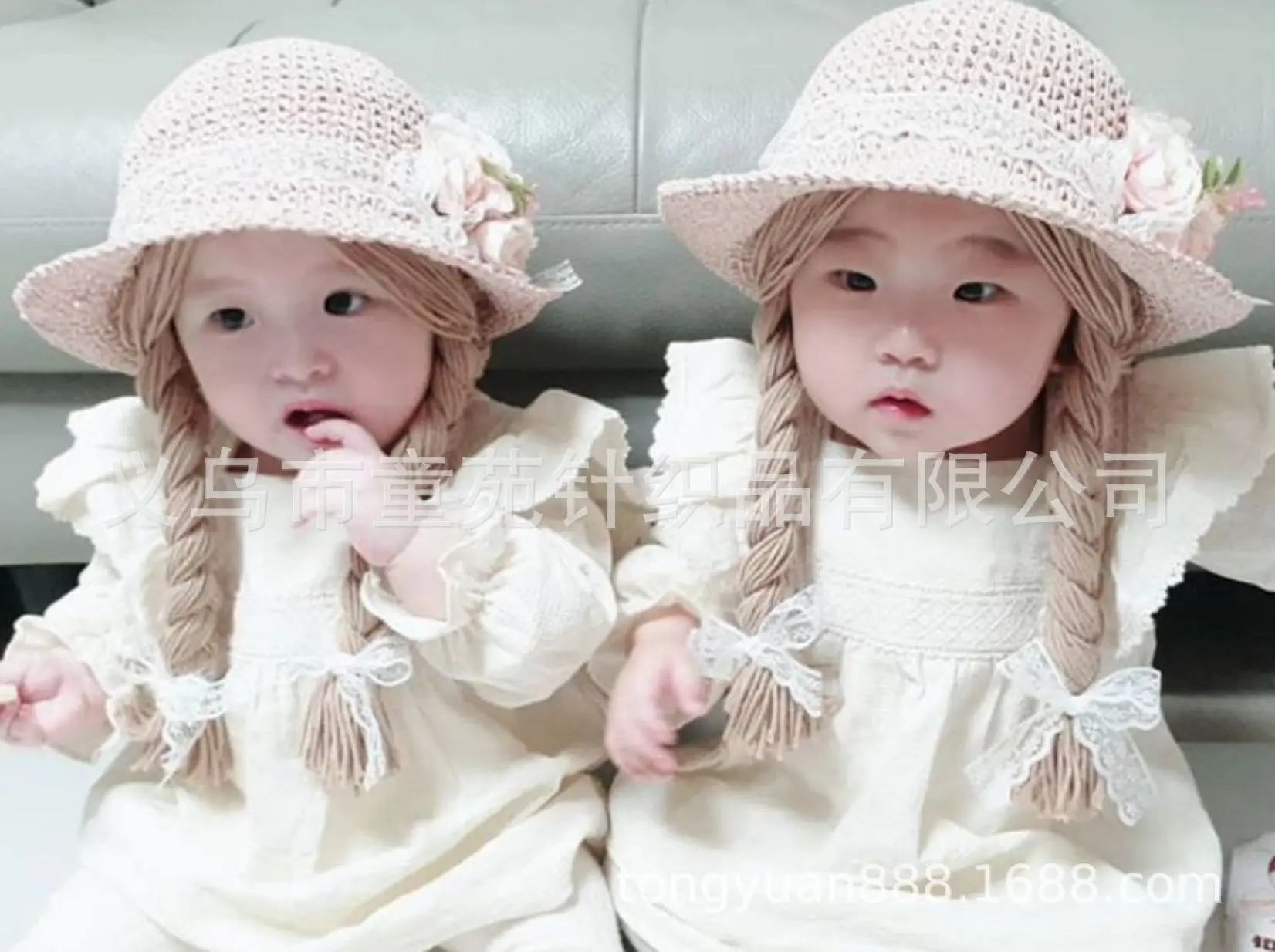 Spring Summer Baby Kids Girl Sun Block Hat Beach Hair Pigtail Braid Wig Cap Children Girls Flower Straw Hat Cap New Arrivals