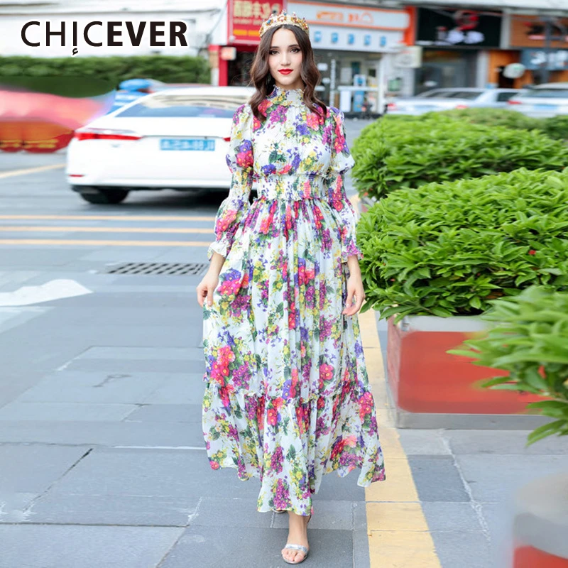 

CHICEVER Vintage Print Ruffle Dress Women Stand Collar Flare Sleeve High Waist Tunic Maxi Plus Size Female Dresses 2020 Fashion