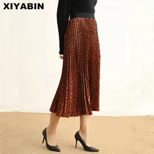 Плиссированная юбка длинная юбка Осенняя обувь; новая модель; очень популярная модель Longuette слово маятник с леопардовым принтом Для женщин юбка средней длины