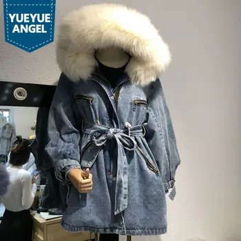 

Brand Fox Fur Collar Hoodies Loose Warm Long Denim Coat Female Streetwear Winter Zipper Lantern Sleeve Outerwear Jean Jacket