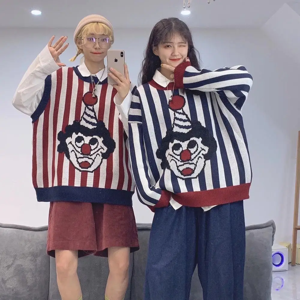 Japanese Loose Sweater Women Clown Cartoon Childlike Vest Woman's 2021 College Style Striped Outerwear Knitted |