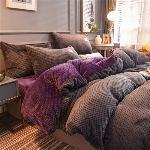 grey purple Зимний комплект постельного белья с ананасом, плед, бархат, плюш, сплошной цвет, мягкий теплый флис, фланелевая кровать, пододеяльник, наволочка, покрывало, фиолетовый - Цвет: grey purple