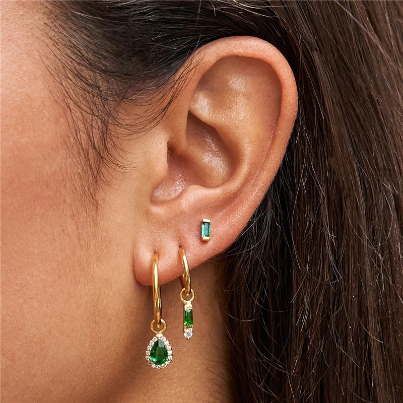 Aide Colorful Zircons Ear Studs Set 18K Gold Plated Small Bar Dangle Earrings Green Red Crystal Charm Earrings Hoop Jewelry Set