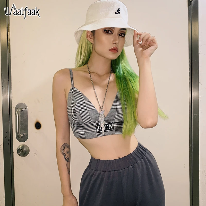 

Waatfaak Plaid Print Vintage Sexy Crop Women Sleeveless V Neck Spaghetti Strap Tank Top Cropped Elastic Harajuku Cami Summer Top
