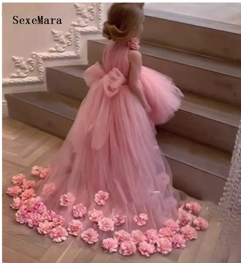Vestidos para graduación de niñas pequeñas rosas, vestido de noche para baile, traje de fiesta mullido de flores 3d de encaje para niña|Vestidos floreados de - AliExpress