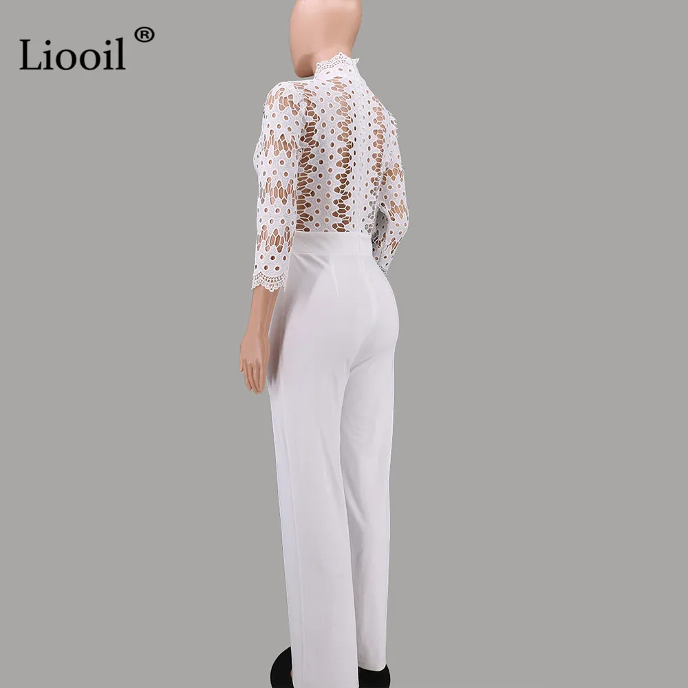 Liooil, белый, красный, с вырезами, сексуальные, кружевные Комбинезоны для женщин, v-образный вырез, высокая талия, прозрачные, вечерние, Клубные комбинезоны, женский комбинезон