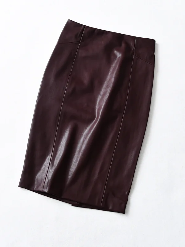 Женская сексуальная юбка-карандаш средней длины из искусственной кожи, осенняя Женская посылка, юбка-карандаш из искусственной кожи с разрезом сзади, бордовая кофейная-85 - Цвет: burgundy