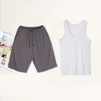 

Men 2PCS Pajamas Suit Loose Modal Vest&shorts For Male Sexy Lounge Summer New Sleepwear Intimate Lingerie V-neck Belt Negligee