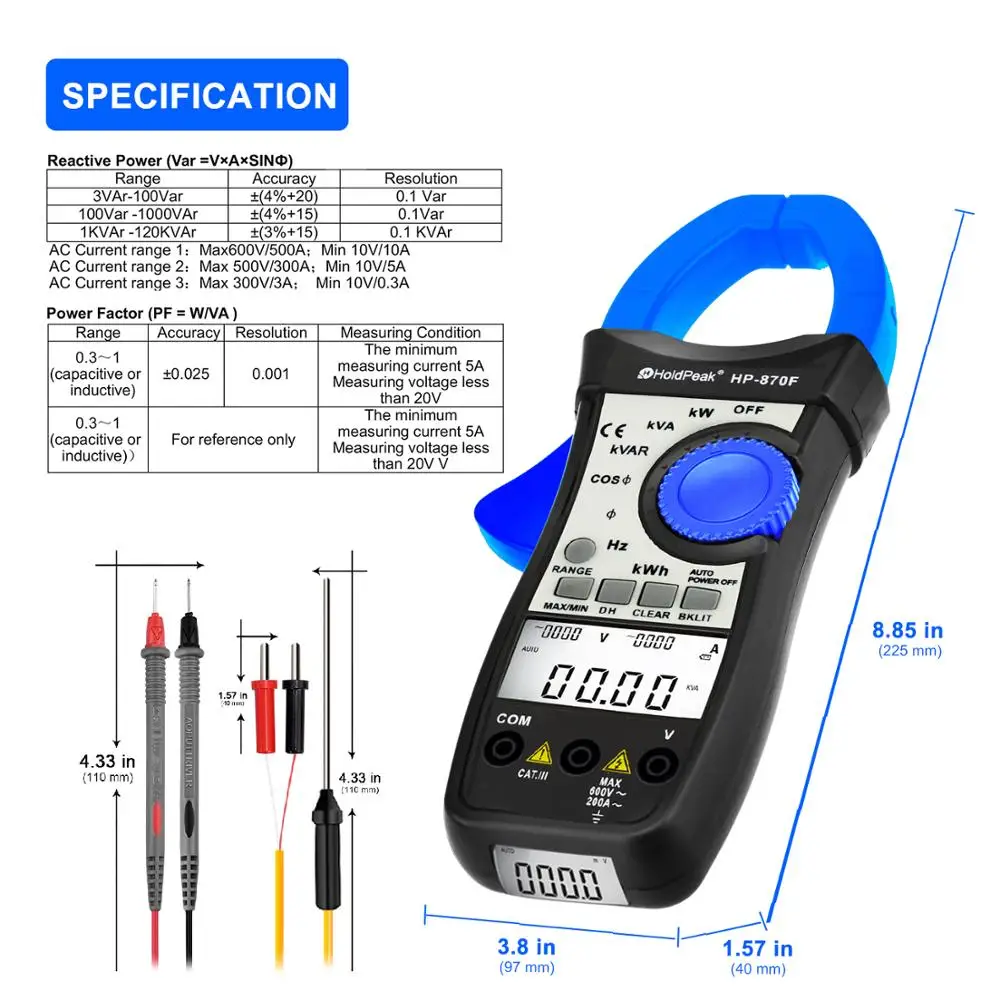 Интеллектуальный цифровой однофазный токоизмерительный прибор HOLDPEAK HP-870F