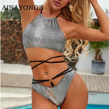 

2020 New Bikini Sexy Swimwear Ladies Snake Pattern Fabric Bathing Suit Split Swimsuit Black + Silver High Waist Ring Bathear Set