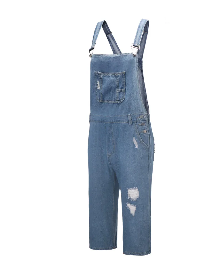 Men Denim Bib Overalls Shorts Ripped Jeans Jumpsuits Sleeveless Male Casual Working Protective Uniforms Summer Black Blue Safe (4)