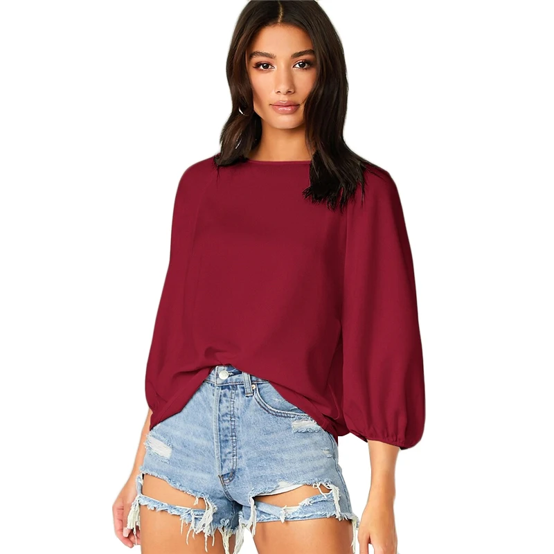 Sheinside Casual Burgundy Lantern Sleeve Blouse Women Autumn 3/4 Sleeve Blouses Ladies Solid Minimalist Raglan Sleeve Top