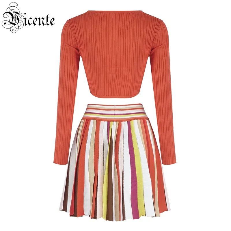 VC All Free Shipping New Chic Two Pieces Sets Mutli Striped Long Sleeves V Neck Celebrity Party Bandage Skirt Suit