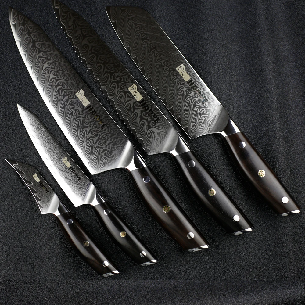 Дамасский набор кухонных ножей 5 шт., японские vg10 стальные профессиональные поварские ножи с черной ручкой из палисандра, модный роскошный подарок