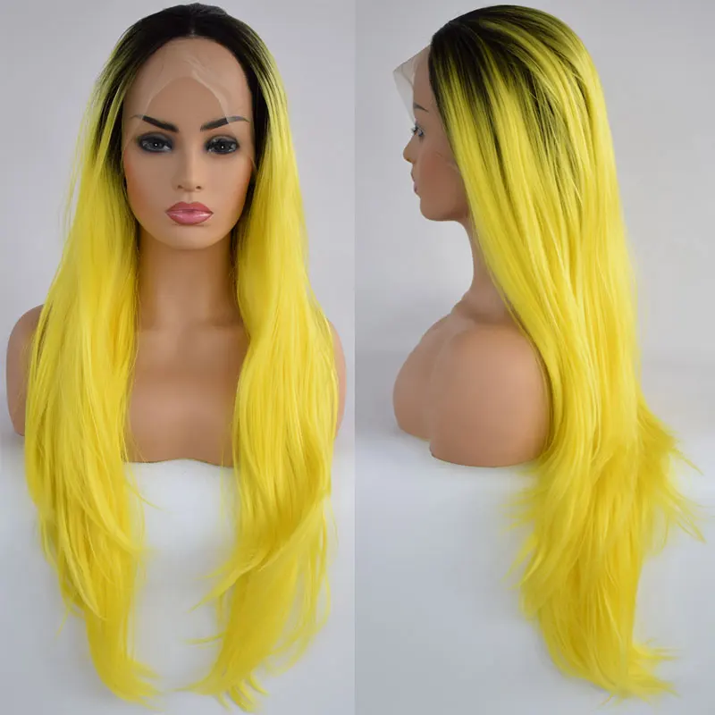 BM Synthetic 13*3 Lace Front Wig Black Roots Ombre Yellow Straight Heat Resistant Fiber Hair Natural Hairline For Women Wigs