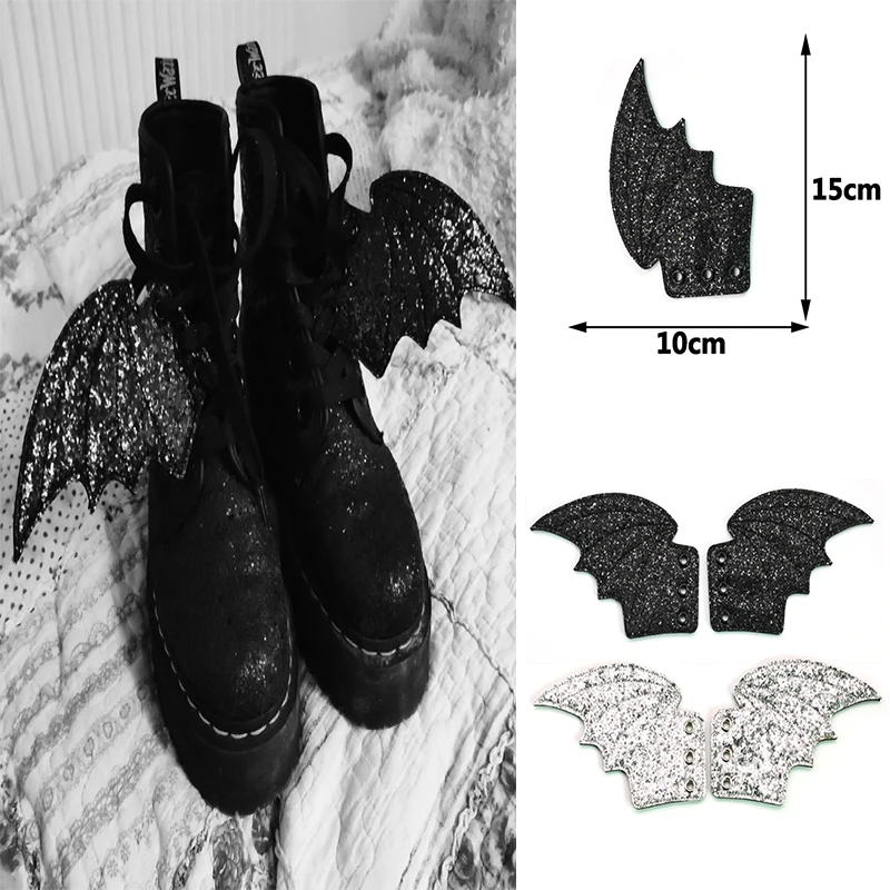 

New Fashion Black Silver Glitter PU Big Bats Shoes Wings Decorations Shoe DIY Accessory Black Big Bat Wings Halloween Ornaments