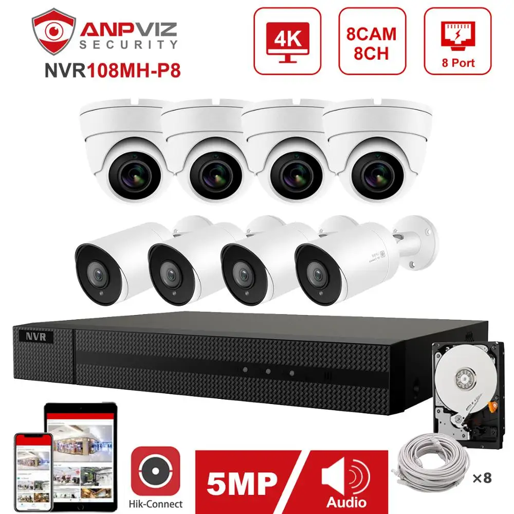 98ft Night Vision 8CH 4K H.265 NVR with 2TB HDD with 4pcs White 5MP Dome Outdoor IP POE Cameras Home Security System with Audio Anpviz 5MP 8 Channel Security Camera NVR System Weatherproof