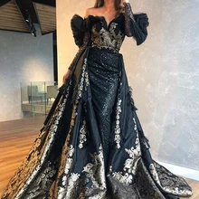 Платье для выпускного вечера с рукавами длинное роскошное черное платье из Саудовской Аравии с аппликацией для женщин сексуальное вечернее платье с бисером