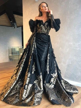 

Prom Dresses With Sleeves 2020 long Saudi Arabia Luxury black appliqued For Women Sexy beading Formal Evening Party Night Gowns