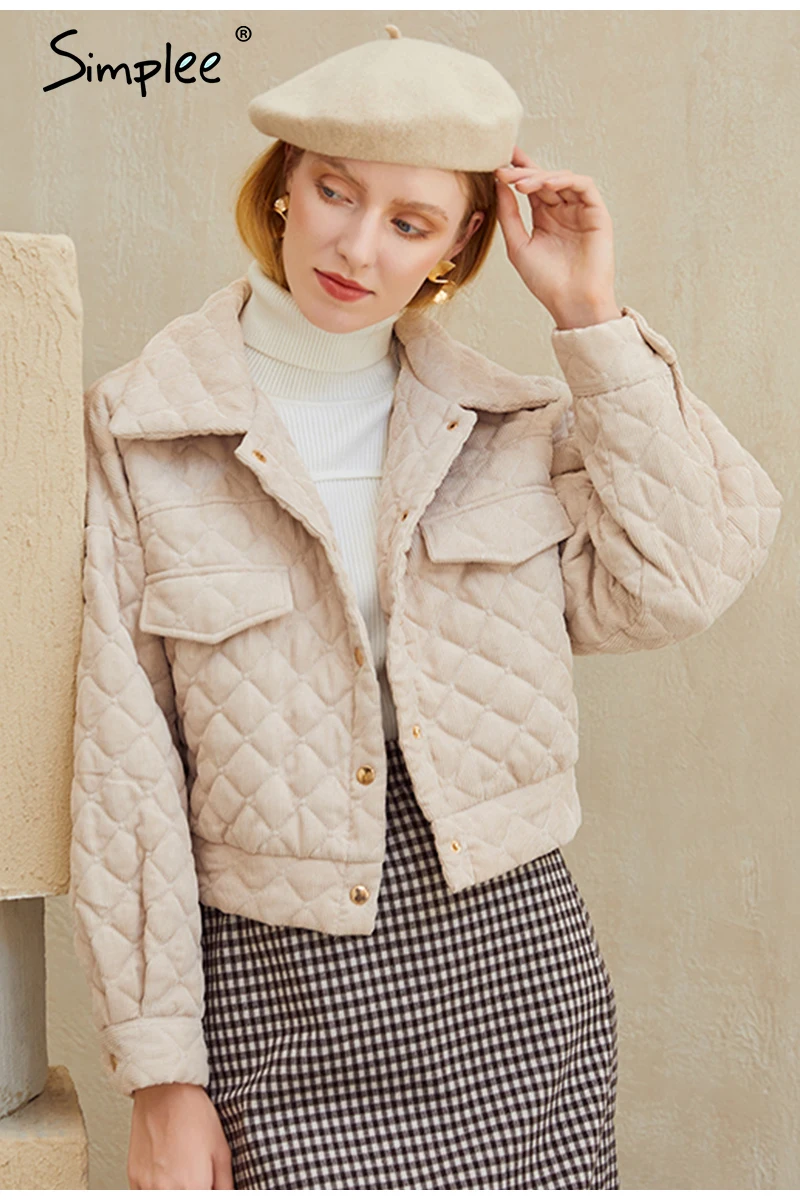 Simplee Fashion turndown collar corduroy coats jackets Bat sleeve single-breasted women parkas Casual female short winter coat