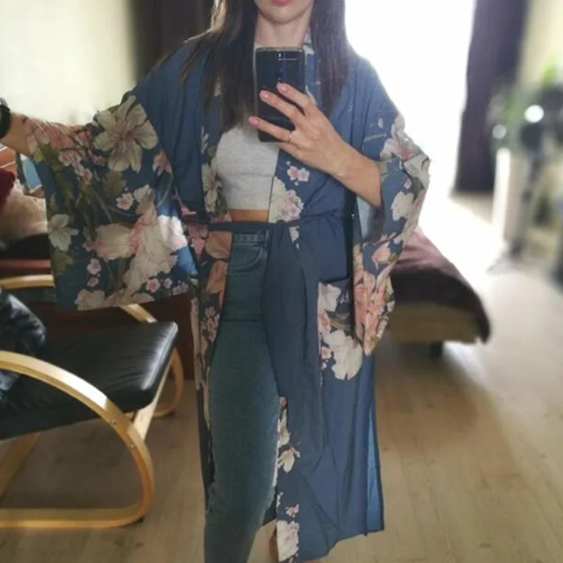 2019 Bohemian V neck Peacock Flower Print Long Kimono Robe Shirt Ethnic Lacing up Sashes Long Cardigan Loose Blouse Tops femme