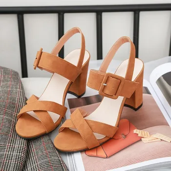 

Women Sandals Summer High Heels Female Pumps Buckle Strap Suede Ladies Shoes Fahion Plus Size Comfortable 2020