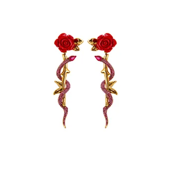 

Vintage court red rose Flower Statement Drop Earring snake earrings Jewelry Wholesale metal Leaf Bridal Accessories For Women