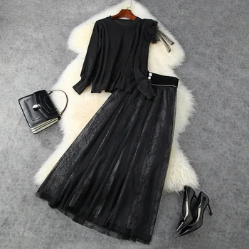 

European and American women's wear 2020 winter new style Long-sleeved black knit sweater Gauze lace skirt Fashion suits