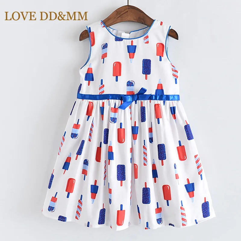 Платья для девочек с надписью «LOVE DD& MM» Новинка года, детская одежда милое Хлопковое платье-майка без рукавов с бантиком на талии и принтом мороженого для девочек