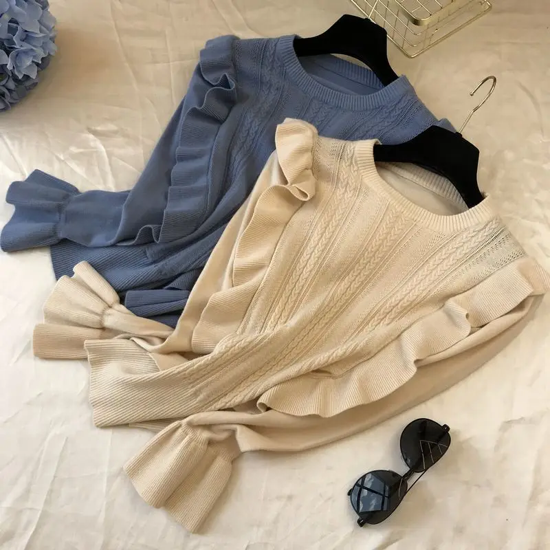 Neploe/осень, новая Корейская Милая зимняя одежда, Вязанный свитер с рукавами-колокольчиками и рюшами, тонкий, Pull Femme Hiver 46371