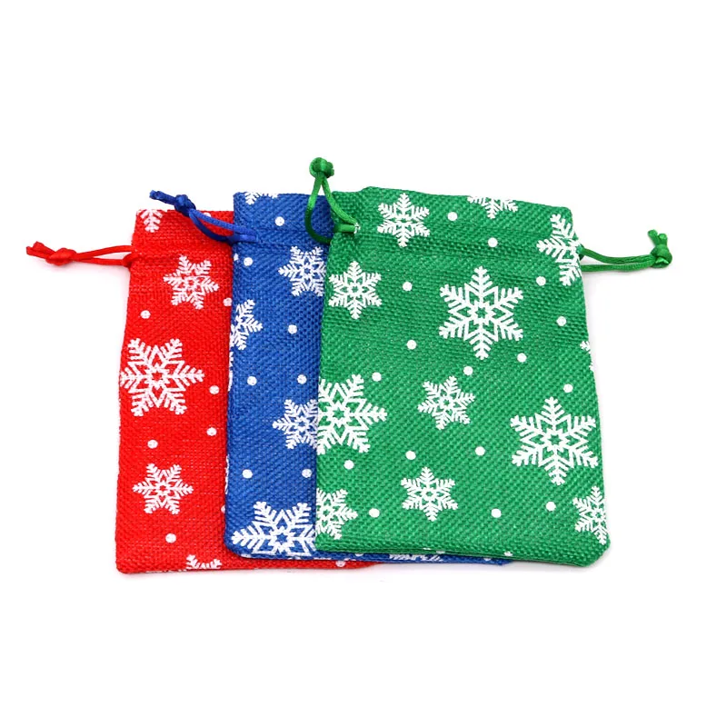 3Pcs/Lot Christmas Jute Bags 10x14 13x18 15x20cm Candy Bracelet Jewelry Packaging Bags Snowflake Drawstring Gift Bag & Pouches 50pcs lot white snowflake organza bags 7x9 10x14 13x18cm small xmas drawstring pouch candy gift bag cute jewelry packaging bags