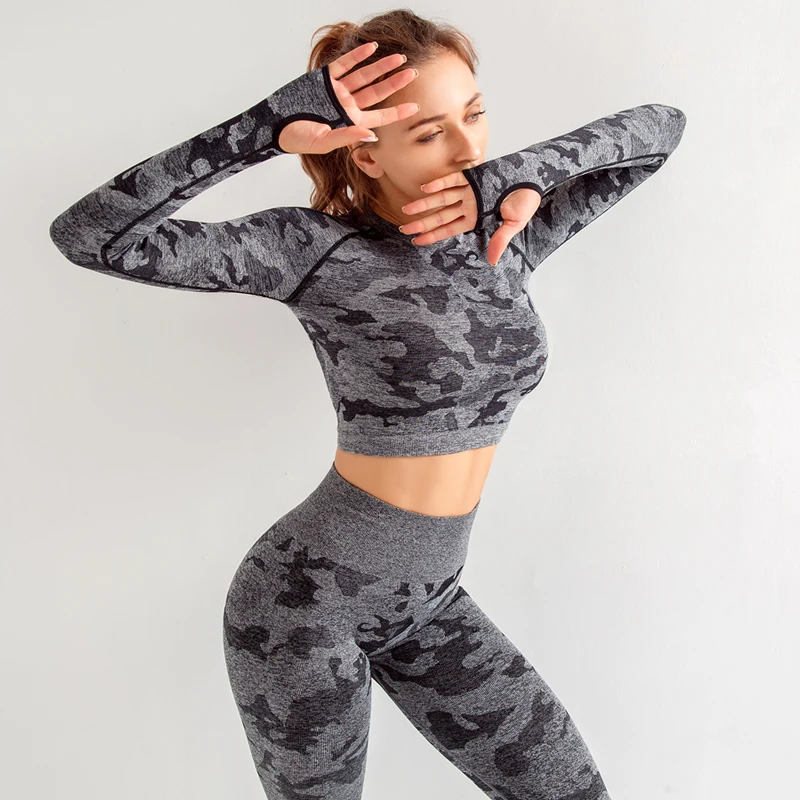 BINAND, бесшовный Камуфляжный комплект для йоги, женская спортивная одежда с отверстием для большого пальца, эластичная лайкра, женский спортивный костюм, женский спортивный костюм для фитнеса и тренировок - Цвет: Grey